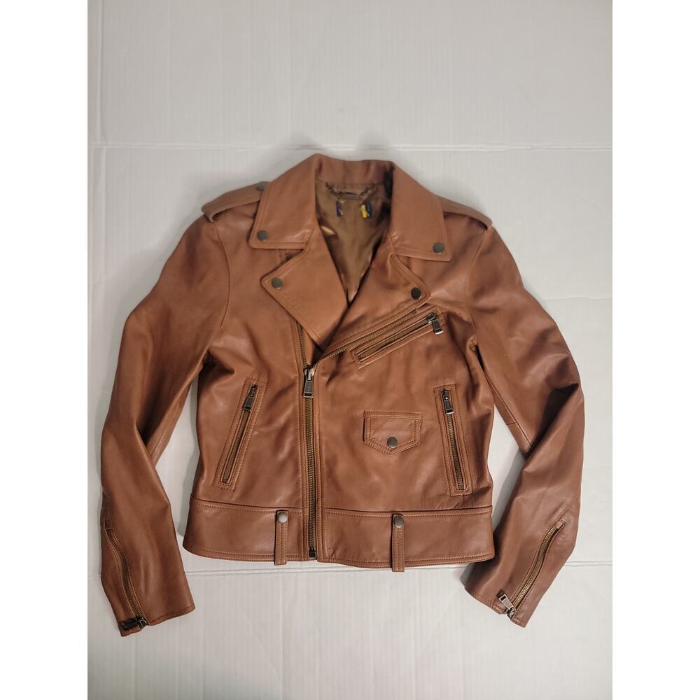 Polo Ralph Lauren Cognac Brown Lamb Leather Moto Jacket Size 2/4 Womens